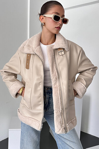 Lin Collection Kadın Deri İçi Kürklü Mont Parlak Bej 3451-2303