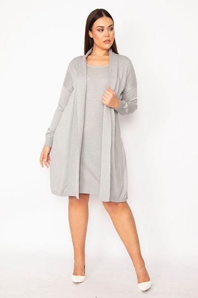 Şans Women's Large Size Gray Front Dress Cardigan 65n19811