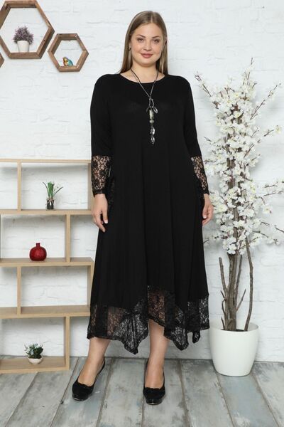 Kheos Στρογγυλή λαιμόκοψη με μανίκια και τσέπες δαντέλα ασύμμετρη κοπή Άνετο και ντραπέ ελαστικό μακρύ φόρεμα