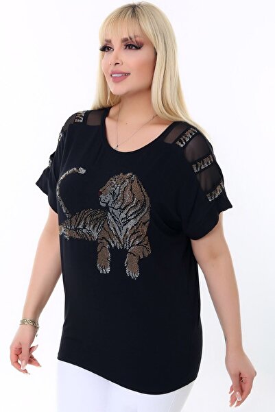 Kheos Tiger Stone εμπριμέ μανίκι από τον ώμο με λωρίδα από τούλι με λαιμόκοψη ελαστική κομψή και δροσερή μπλούζα Lycra Plus Size