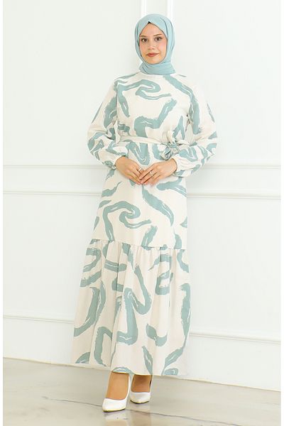 sefamerve Beige Linen Dress - Patterned and Belted, Green 0471A-04