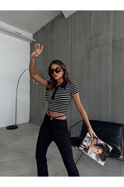 İKLİM LİFE Polo Neck Ριγέ Γυναικείο Crop Body - ΜΑΥΡΟ