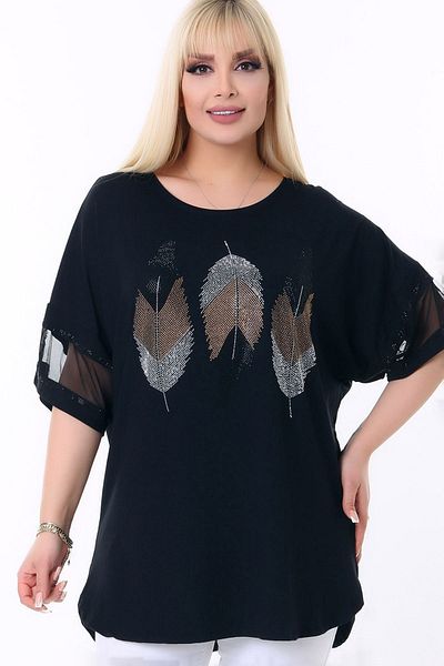 Kheos Plus Size Round Collar Sleeve End Tulle Stripe Feather Stone Printed Flexible and Cool Lycra Plus Size Blouse