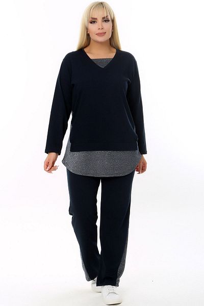 Kheos V-Neck Long Sleeve Elastic Waist Collar Skirt Legs and Side Pockets with Glitter Detail Plus Size Tracksuit Set