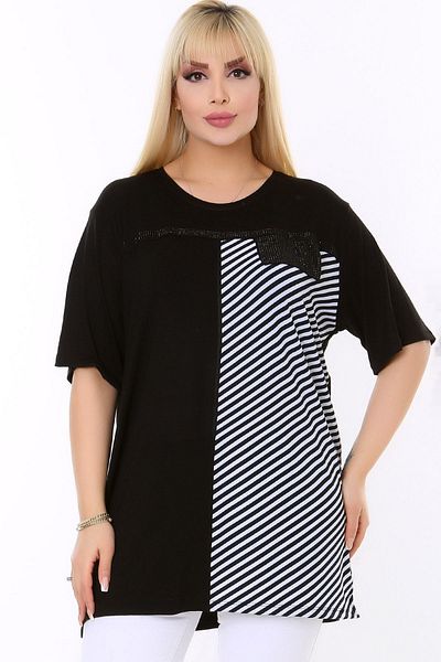 Kheos Round Neck Double Color Blocking Bias Striped Chest Sequin Sequin Detailed Short Sleeve Comfortable Plus Size Blouse