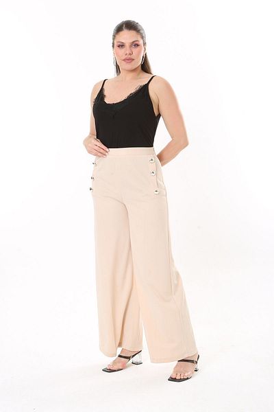 Şans Women's Large Size Mink Ornamental Metal Buttoned Pocketless Pants 65N37817