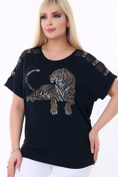 Kheos Tiger Stone Printed Sleeve with Tulle Stripe on the Shoulder Crew Neck Flexible Stylish and Cool Lycra Large Size Blouse