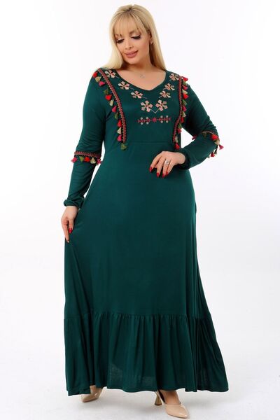 Kheos V-Neck Tasseled Skirt Ruffled Long Sleeve Embroidered Full Length Dress