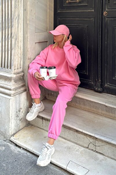 abitso طقم بدلة رياضية وردية كبيرة الحجم برقبة دائرية - 100% قطن، 3 خيوط من ا...