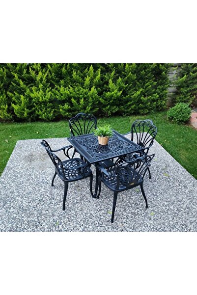 Fatih Ural Döküm Plastik ferforje görünümlü siyah kare masa 4 sandalye takımı