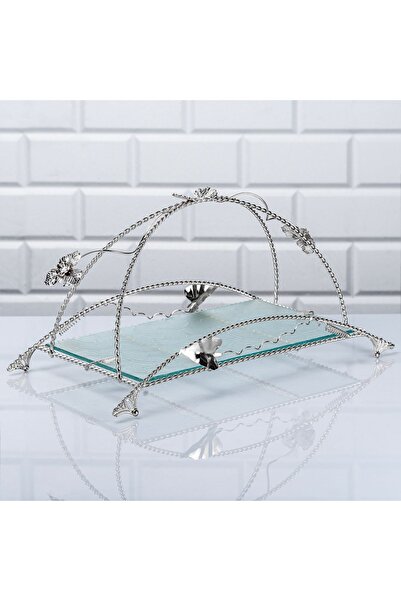 Genel Markalar Desenli Cam Burgulu Büyük Sepet Tepsi Metal Jardinyer Gümüş