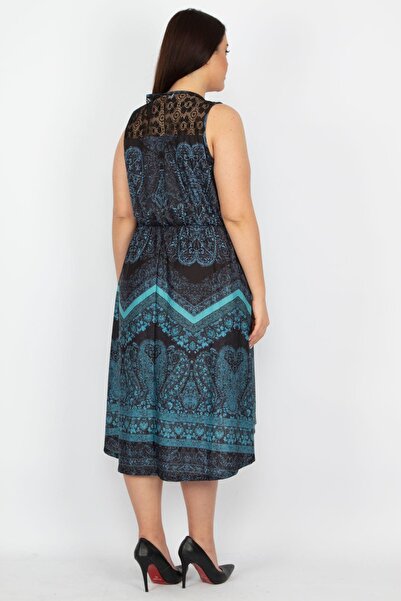 Şans Women's Large Size Petrol Back Robe Lace Waist Elastic Dress 65n27924