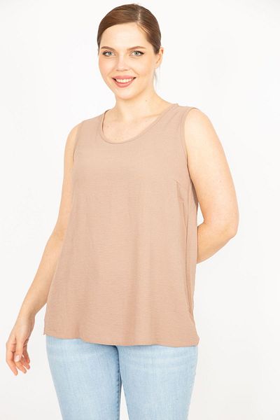 Şans Γυναικεία αμάνικη μπλούζα υφαντό Mink Plus Size 65n35968
