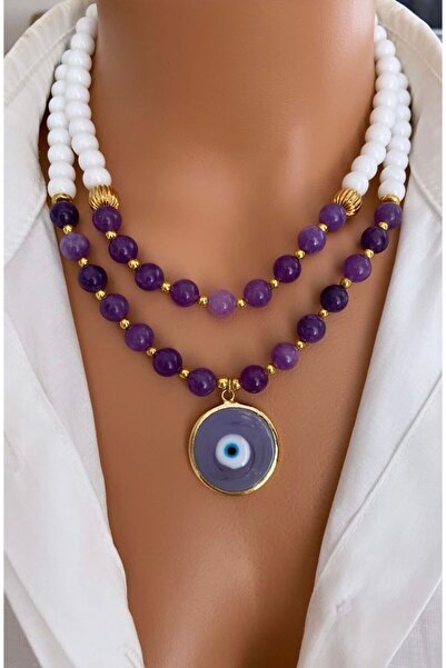 TARZ-I TAKI Natural Stone Purple Agate Stone Large Evil Eye Design Women's Ne...