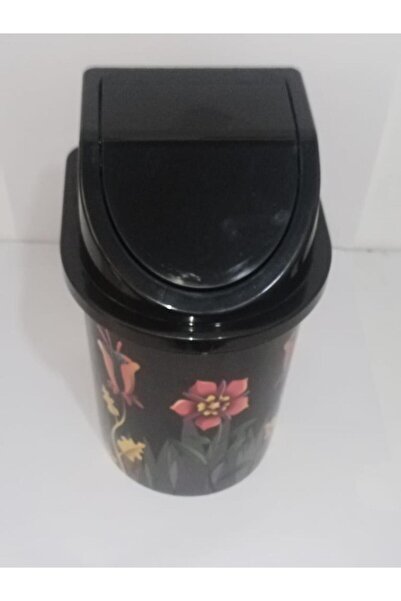 abnturk 24x13 cm Ebatınta 3Lt Klick Kapaklı Siyah Çiçek Desenli Lüks Şık Çöp ...