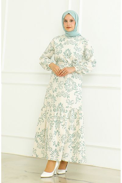 sefamerve Beiges Leinenkleid – mit Muster und Gürtel, Grün 0471B-02
