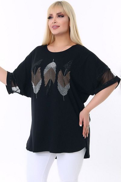 Kheos Plus Size Round Collar Sleeve End Tulle Stripe Feather Stone Printed Flexible and Cool Lycra Plus Size Blouse