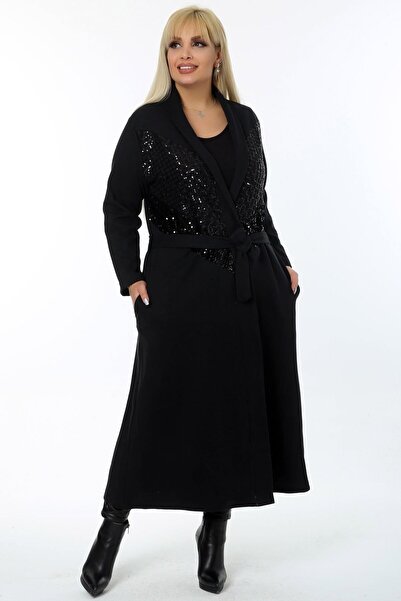 Kheos Cardigan lung, lung, cu buzunare cu paiete și curea