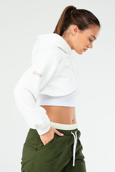 speedlife Ecru Regular Checked Hooded Crop Women's Sweatshirt Sc1185