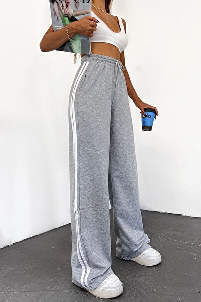 Sun Victoria Γυναικείο γκρι συμπαγές χτενισμένο βαμβακερό ψηλόμεσο ριγέ φαρδύ πόδι εποχιακό παντελόνι