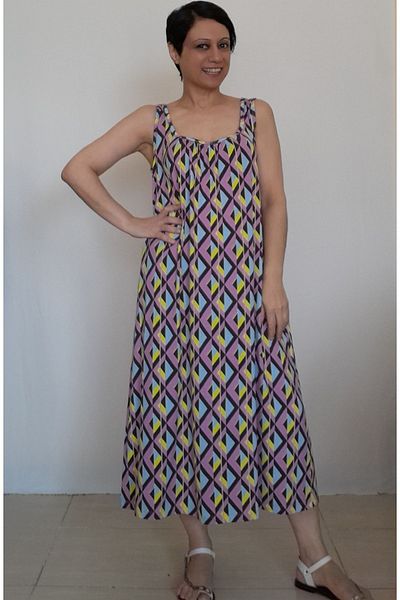 Mertcan Butik Front and back drawstring lilac yellow printed suspender combed cotton Viscose Dress
