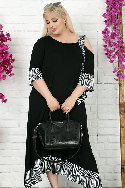 Kheos Κομψό φόρεμα με μοτίβο Zebra Lycra - Κομψό φόρεμα με αγκράφα με χαμηλό ώμο