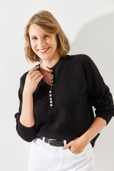 Bianco Lucci 11 Buttoned Raised Striped Women's Knitwear Sweater