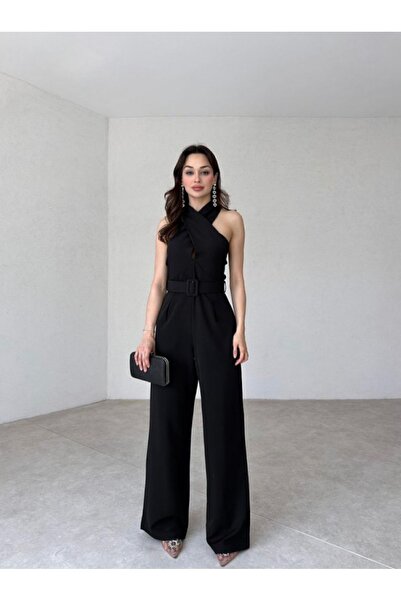 Afiş Butik Siyah Çapraz Halter Yaka Kemerli Tulum