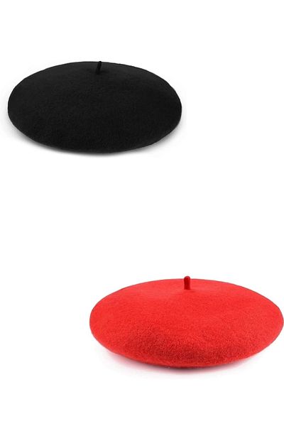 MinaCarin 2-Piece French Felt Beret - Black Red