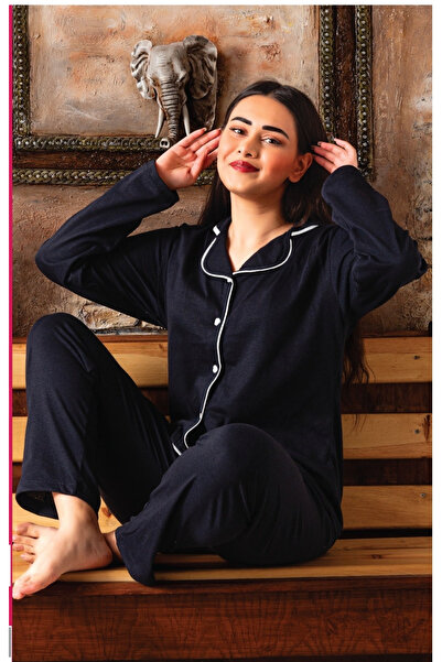 Lukitus Gömlek Yaka Pamuklu 2 İplik Uzun Kol Kadın Pijama Takımı