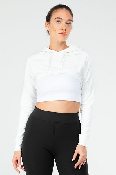 speedlife Ecru Regular Diver Fabric Hooded Crop Women's Sweatshirt Sc1189