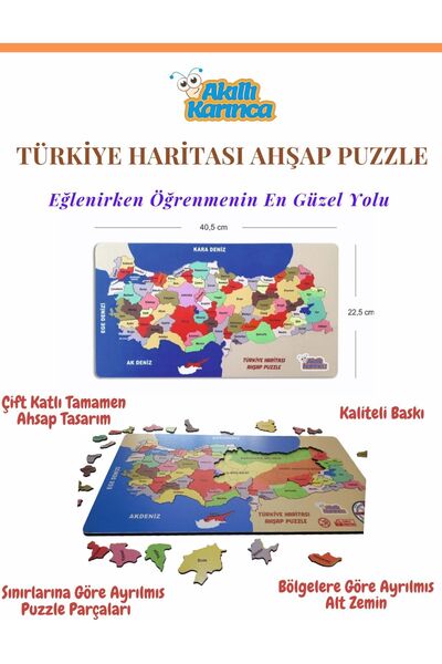Akıllı Karınca Ahşap Türkiye Haritası Puzzle Eğitici Ahşap Set