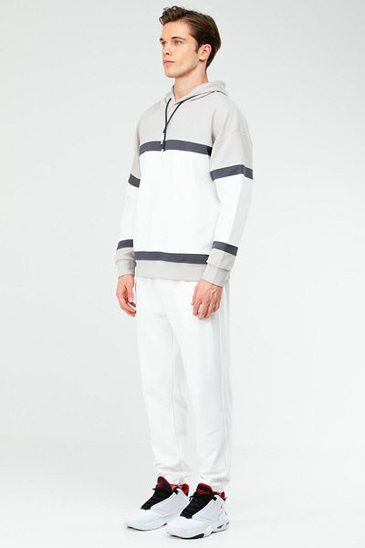 speedlife Ecru Regular Cotton Hooded Rubber Leg Men's Tracksuit Set Xa1731