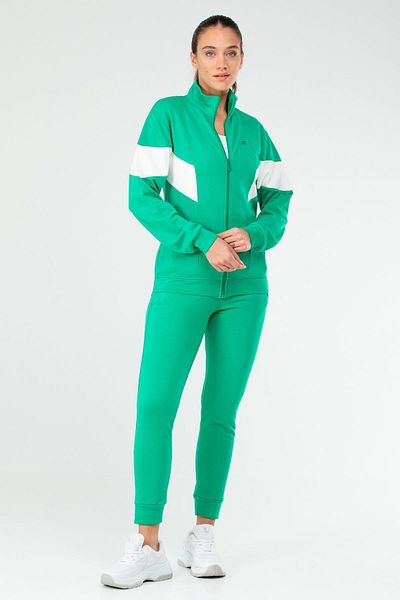 speedlife Set de trening pentru femei, verde, slim fit, din bumbac, cu guler în picioare Sa2621