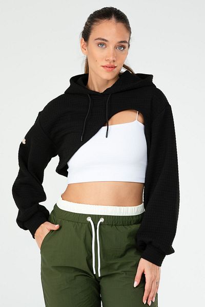 speedlife Black Regular Checked Hooded Crop Women's Sweatshirt Sc1185
