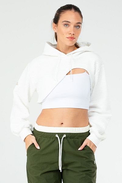 speedlife Ecru Regular Checked Hooded Crop Women's Sweatshirt Sc1185