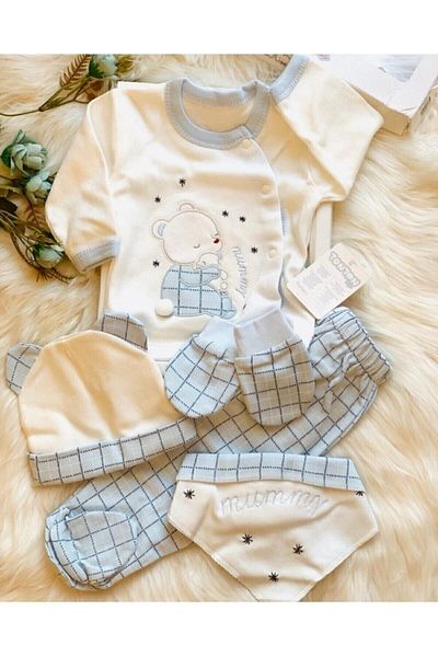 Gaye Bebe طقم بدلة أطفال من 5 قطع باللون الأزرق من Tonton Bebe إصدار المستشفى - مريلة وشاح