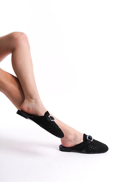 Bak Store Black Knitted Flat Women's Slippers with Silver Buckle Detail