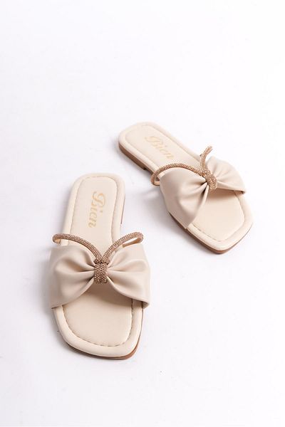 Bak Store Beige Choke Bow Detailed Stoned Flat Women's Slippers