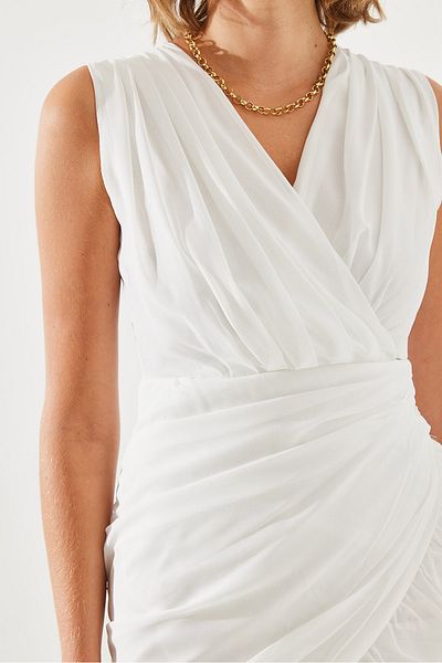 Bianco Lucci Asymmetrical Cut and Gathered Chiffon Mini Dress - Women's Strappy Tulle Dress60251295