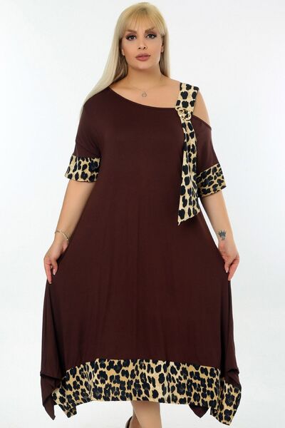 Kheos Shoulder Low-cut Buckle Leopard Pattern Lycra Asymmetrical Stylish Dress