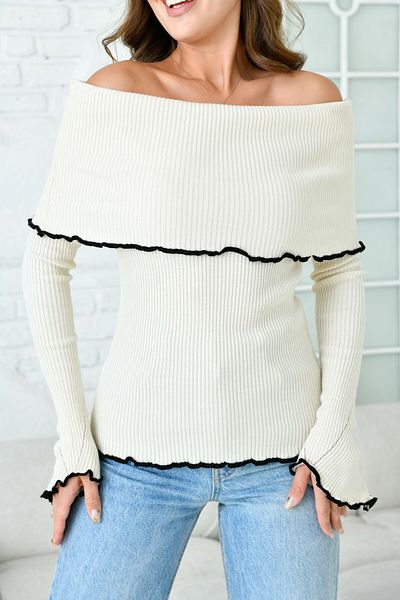 WOMAN VISION Μακρυμάνικη Κρεμ Πλεκτή Μπλούζα - Madonna Collar 1028