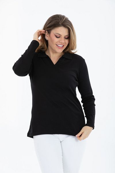 BANEGA V-Neck Lycra Black Basic Blouse - Plus Size, Cotton, Long Sleeve