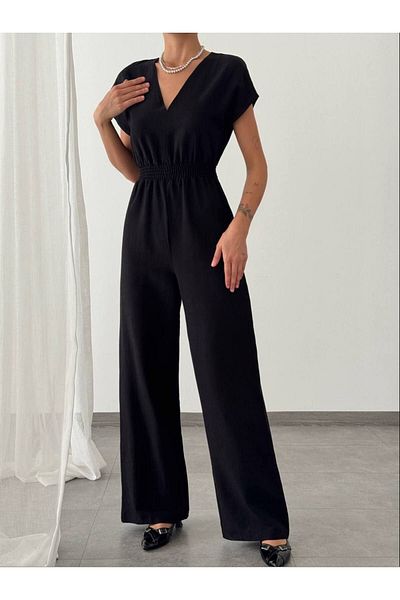 Pienk Linen Women's Jumpsuit - Black, Elastic Waist