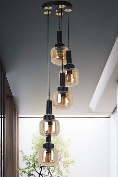 MŞ Aydınlatma Hector 5-Piece Black Gold Chandelier - Honey Glass Pendant Lamp