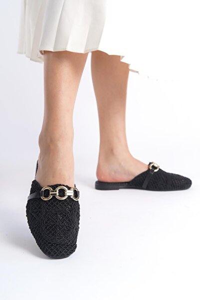 Bak Store Black Knitwear Straw Braided Women's Slippers