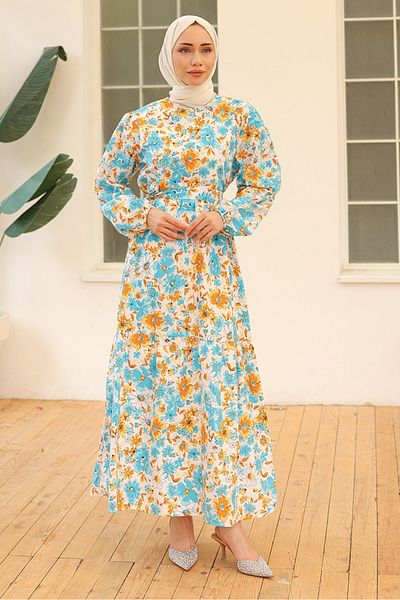 Bestenur Λινό φόρεμα Baby Blue Daisy 1094