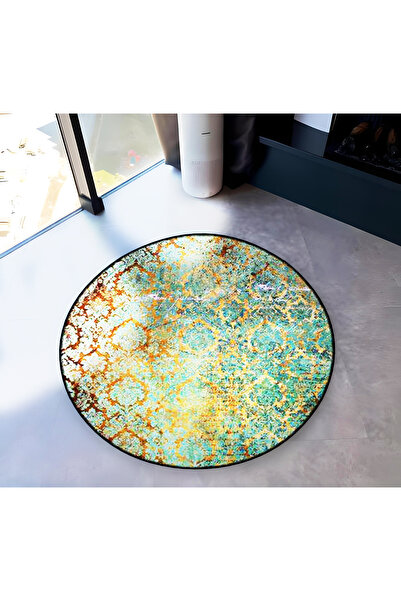 Rugs Modern Halı Green Theme Traditional Motif Patterned Round Woven Base Vin...