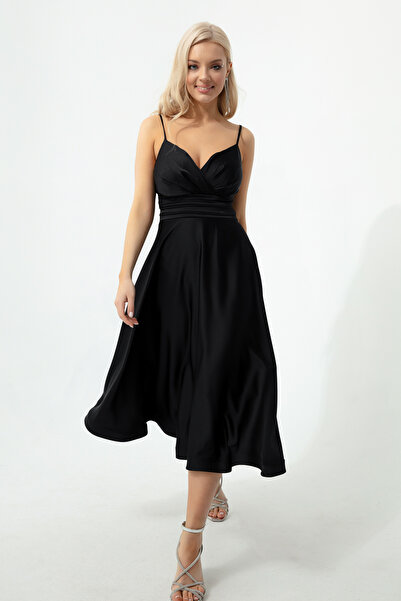 Lafaba Dámské saténové mini večerní šaty a promoce s černým provazovým páskem v pase