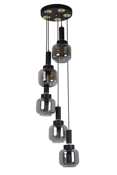 MŞ Aydınlatma Hector 5-Piece Black Smoked Glass - Gold Chandelier